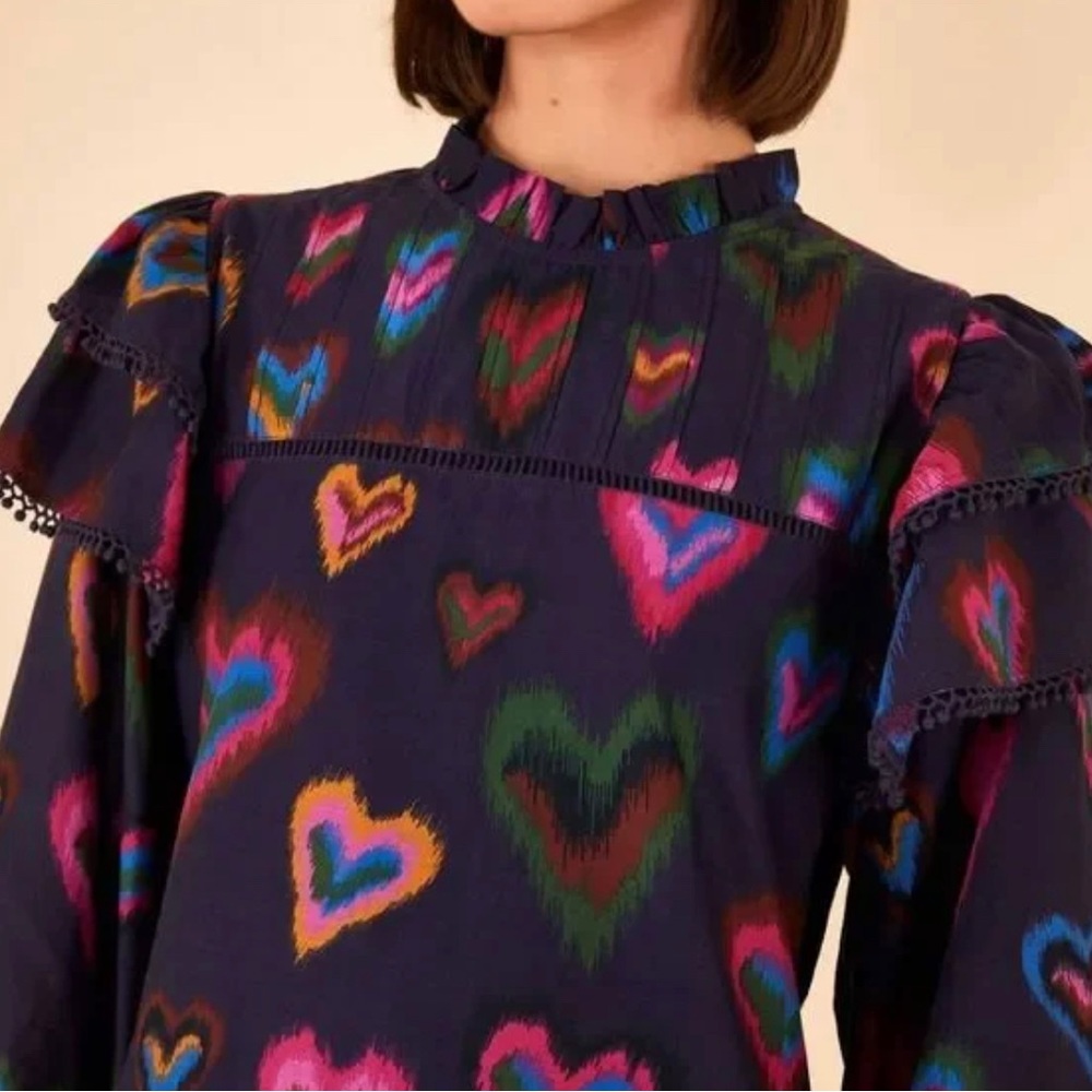 Farm Rio Ruffled Mock Neck Navy Ikat Dyed Hearts Mini Dress - Picture 2 of 5